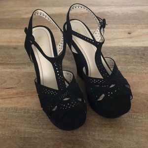 Never Worn Black T-Strap Wedges, Size 10